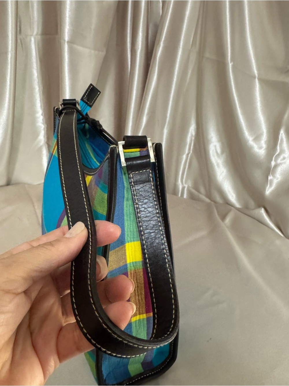 Lauren Ralph Lauren Teal Plaid Shoulder Bag with leather Trim - Picture 16 of 16